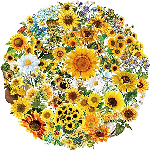 50Pcs Sunflower Stickers, Yellow Sunshine Stickers for Computer Phone Case, Laptop, Water Bottle Guitar Scrapbook, Flower Stickers for Adults Kids Teens