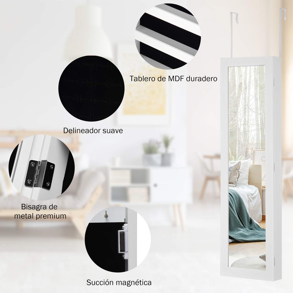 COSTWAY Espejo Joyero de Pared, Armario para Joyas con Espejo de Cuerpo Entero y Tira de luz LED, Armario Joyero Interior Montado en Pared/Puerta, Organizador de Almacenamiento para Pendiente