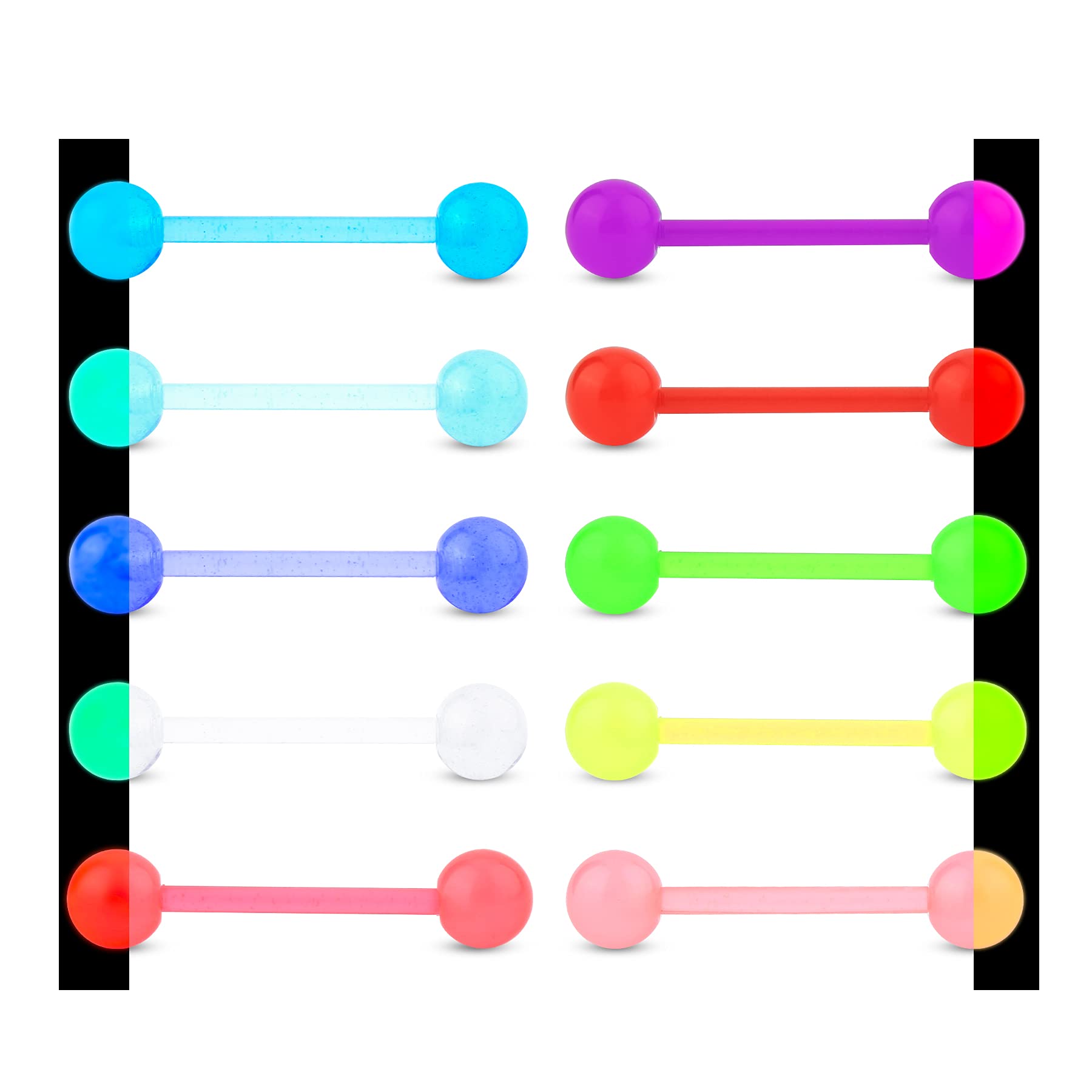 CM Crareesi ManiaGlow in The Dark Tongue Bars 10Pieces Tongue Piercing Bars Acrylic Tongue Rings for Night Plastic Tongue Barbells