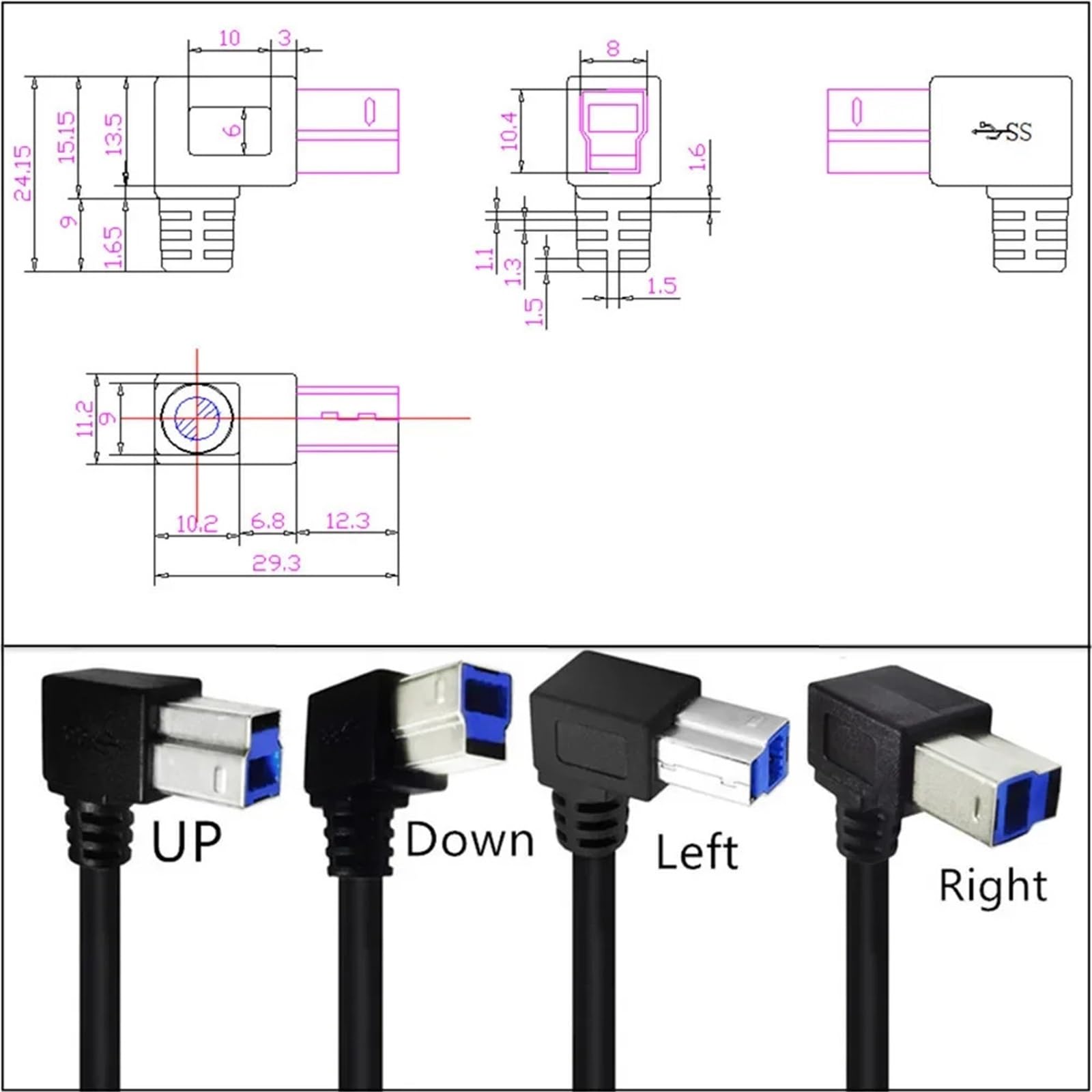 USB 3.0 USB męski na USB-B 3.0 90 stopni w górę w dół lewy prawy (prawy kąt)