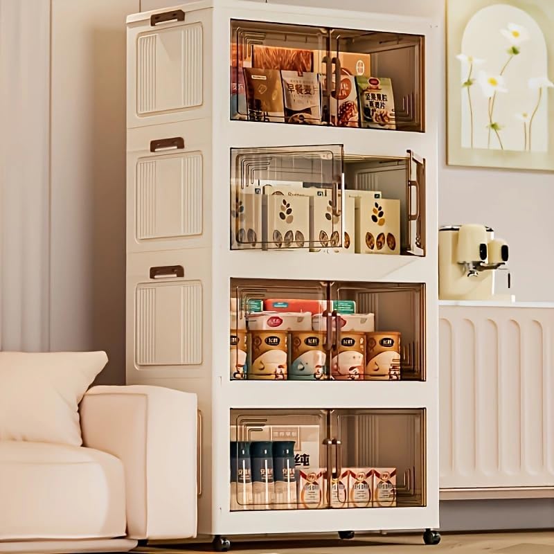 Foldable plastic storage box with wheels, suitable for indoor/dormitory/office/room double transparent doors, cabinet height (18.9 inches deep x 9.84 inches wide x 27.9 inches high)