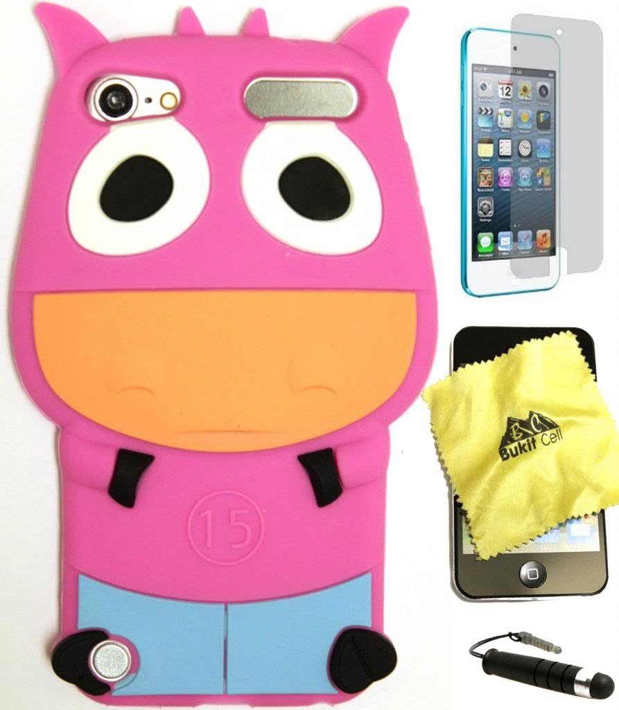 BUKIT CELL HOT PINK Cow Ox 3D Cartoon Soft Silicone Skin Case Cover for IPOD TOUCH 5 5G 5TH GENERATION + BUKIT CELL Trademark Lint Cleaning Cloth + Screen Protector + WirelessGeeks247 METALLIC Touch Screen STYLUS PEN with Anti Dust Plug [bundle - 4 items: case, cloth, stylus pen and screen protector]