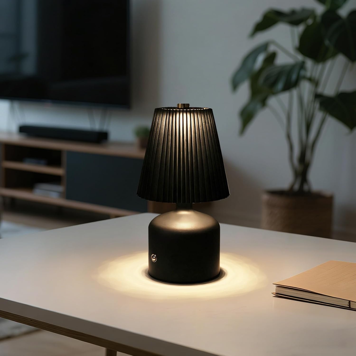 Small Bedside Lamp Rechargeable Table Lamp, Touch Lamps for Nightstand 3 Color Stepless Dimming, Metal Base Pleated, for Bedside, Bedroom, Dining Room, Living Room (Black)