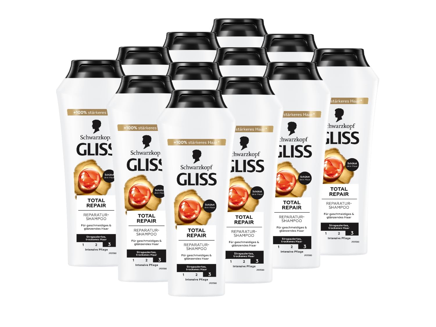 Gliss Szampon Total Repair (12 x 250 ml), szampon do włosów z płynną keratyną i nektarem kwiatowym, szampon pielęgnacyjny do suchych i uszkodzonych włosów, redukuje łamliwość włosów