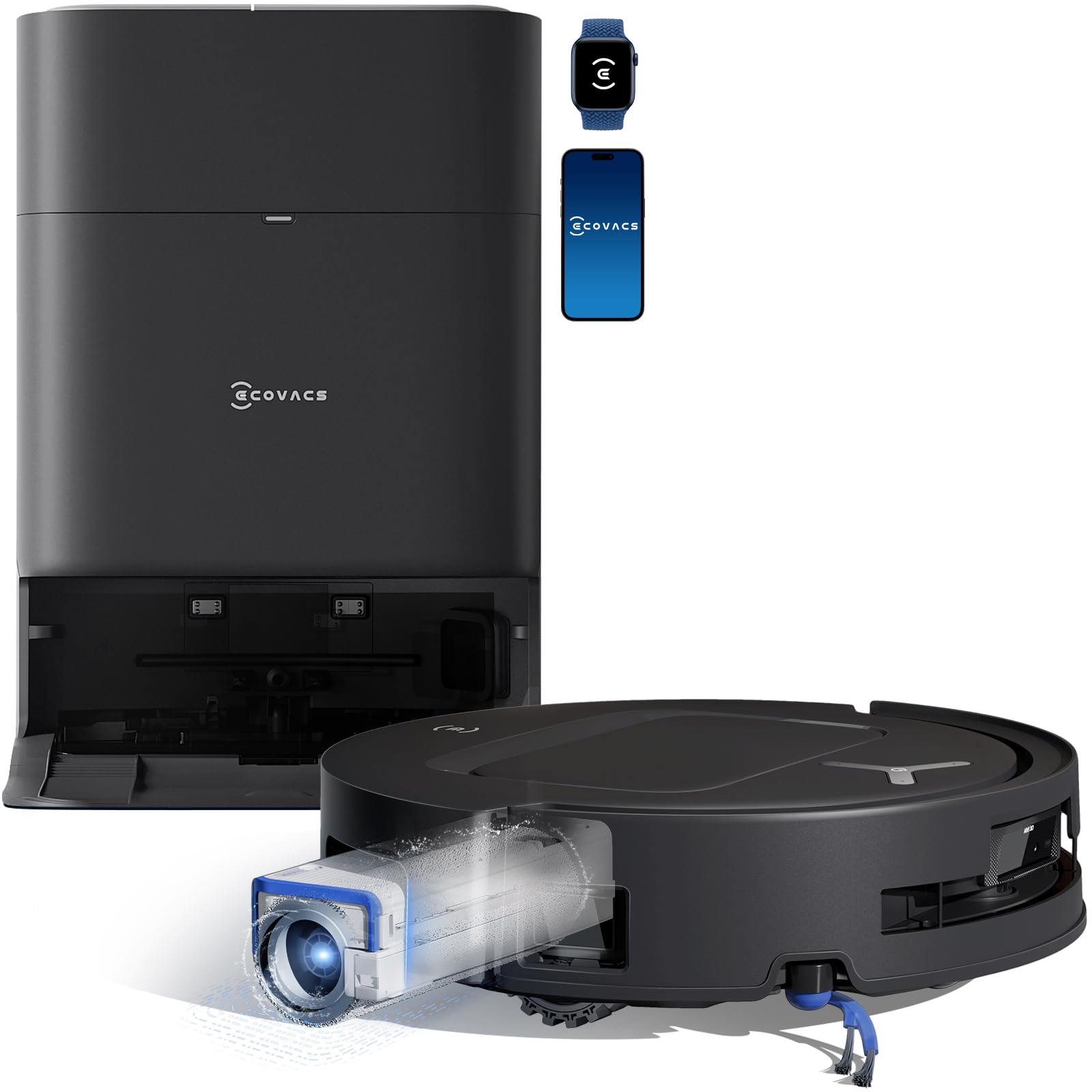 ECOVACS DEEBOT T80 Omni Robot Aspirateur Laveur, 18 000 Pa, Nettoyage Automatique instantané OZMO Roller, ZeroTangle 3.0, Lavage à l'eau Chaude 40-75 ℃, Séchage à air Chaud, Noir