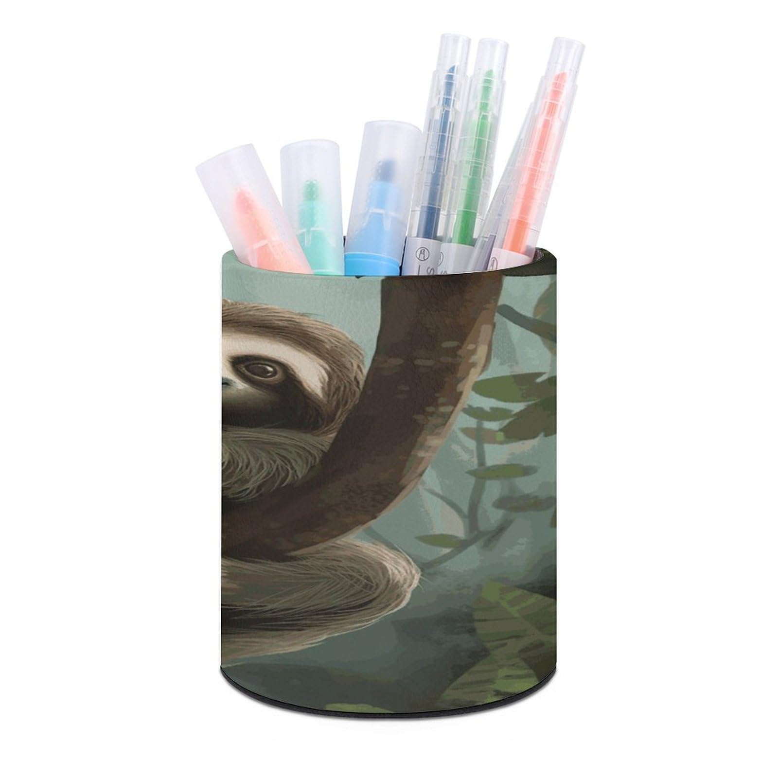 LDGSUPH Sloth2 Round Pen Holder Leather Pen Cup Pencil Cup Pen Organizer Pencil Holder for Desk Organizer Pencil Organizers Makeup Brush Holders for Home Office Gift