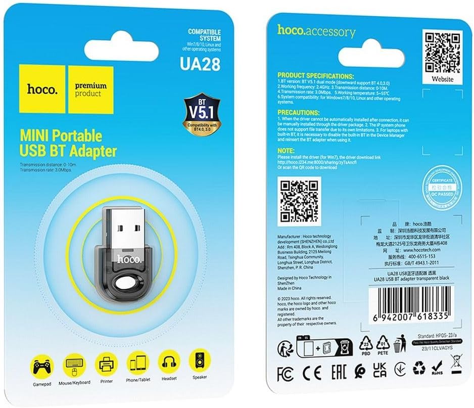 Hoco UA28 USB Bluetooth Adapter packaging with specifications
