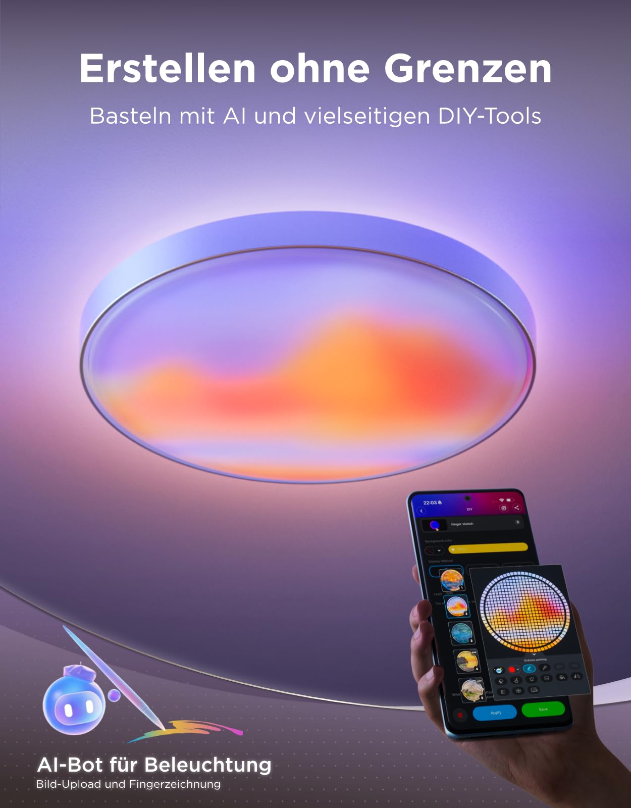 Govee Deckenlampe Ultra, 5000lm AI Deckenleuchte für Wohnzimmer, 53,5 cm | 2700K-6500K Dimmbare Decken-Canvas, 616 Matrix-Lampenperlen, RGBWWIC DIY Funktion, DaySync, Smart-Integration, 100 Szenen