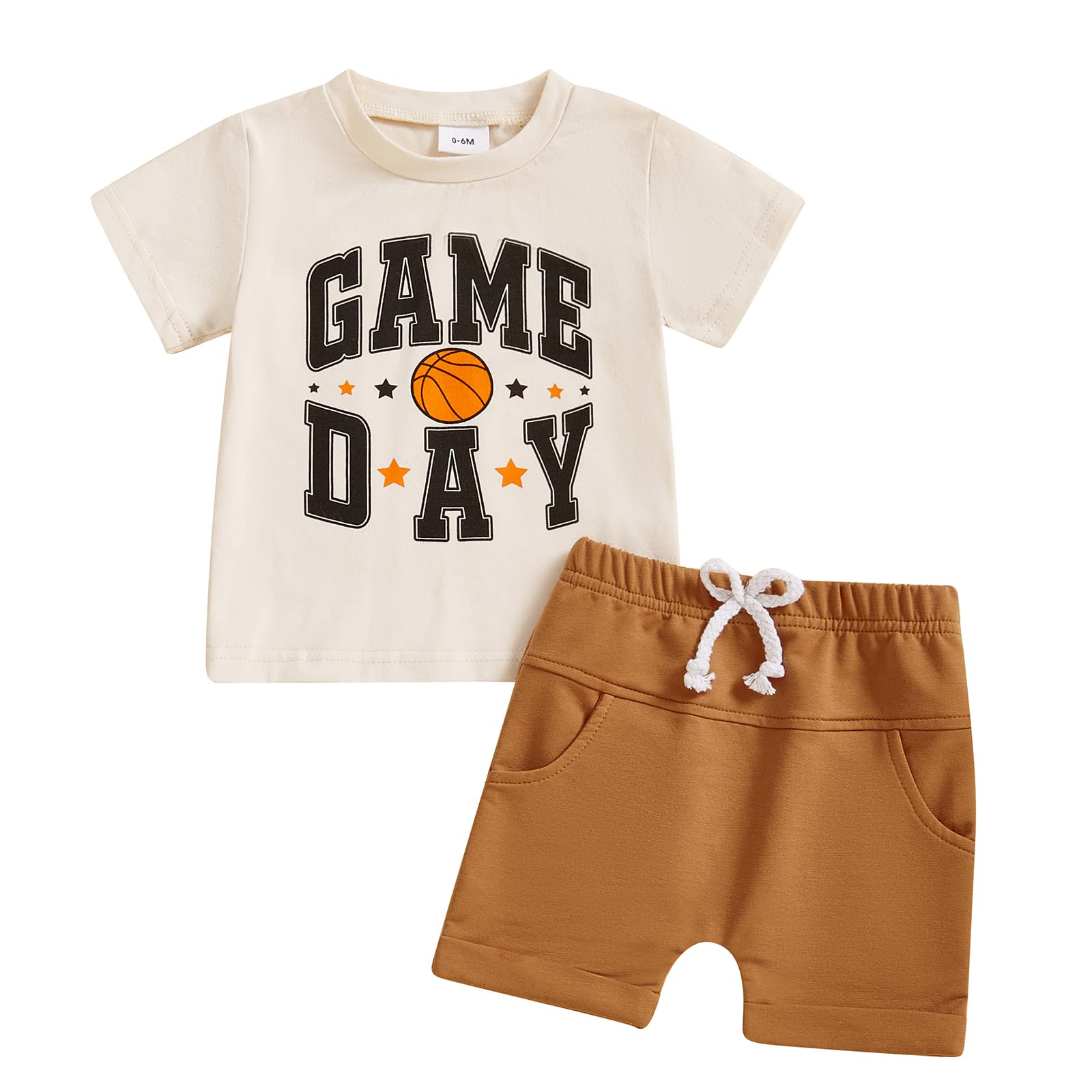 Toddler Baby Boy Basketball Outfits Game Day Short Sleeve T Shirt Elastic Waist Shorts Newborn Infant Summer Clothes (Khaki, 12-18 Months)