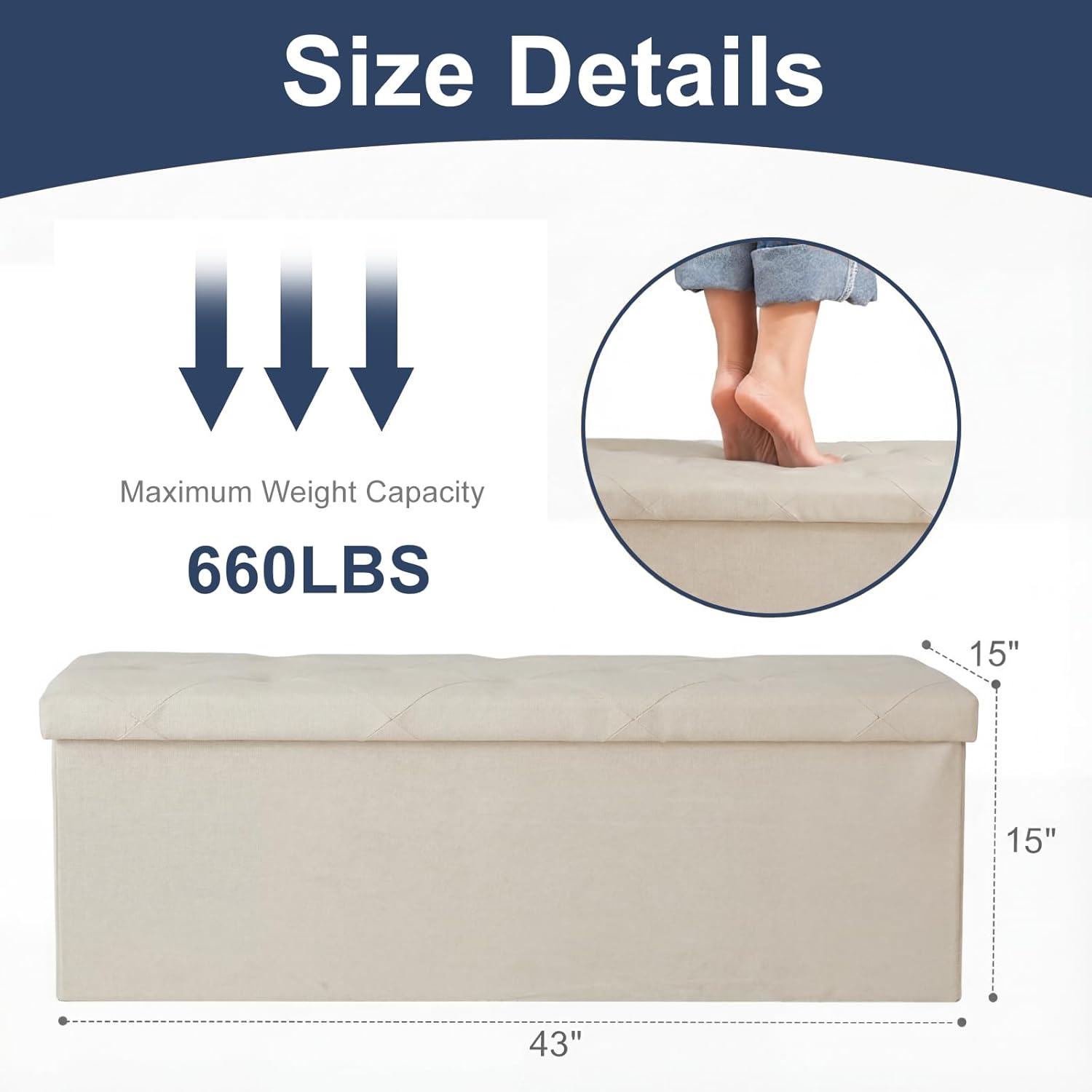 DUMOS 43in Foldable Storage Ottoman Bench, Storage Chest, Large End of Bed Foot Rest Stool with Padded Seat, Bedroom Bench for Living Room, Support 660lbs, Camel