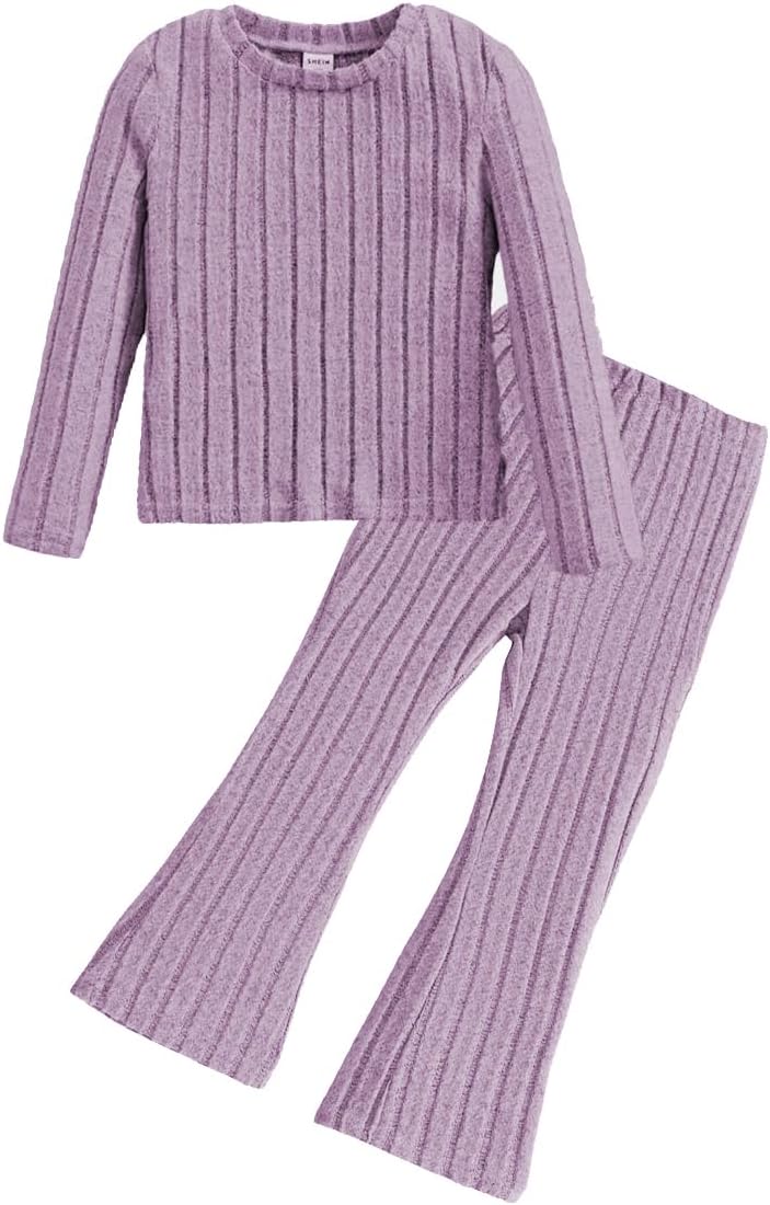 Toddler Girls Clothes Ribbed Color Block Pullover Tops + Flare Pants Set Fall Outfits