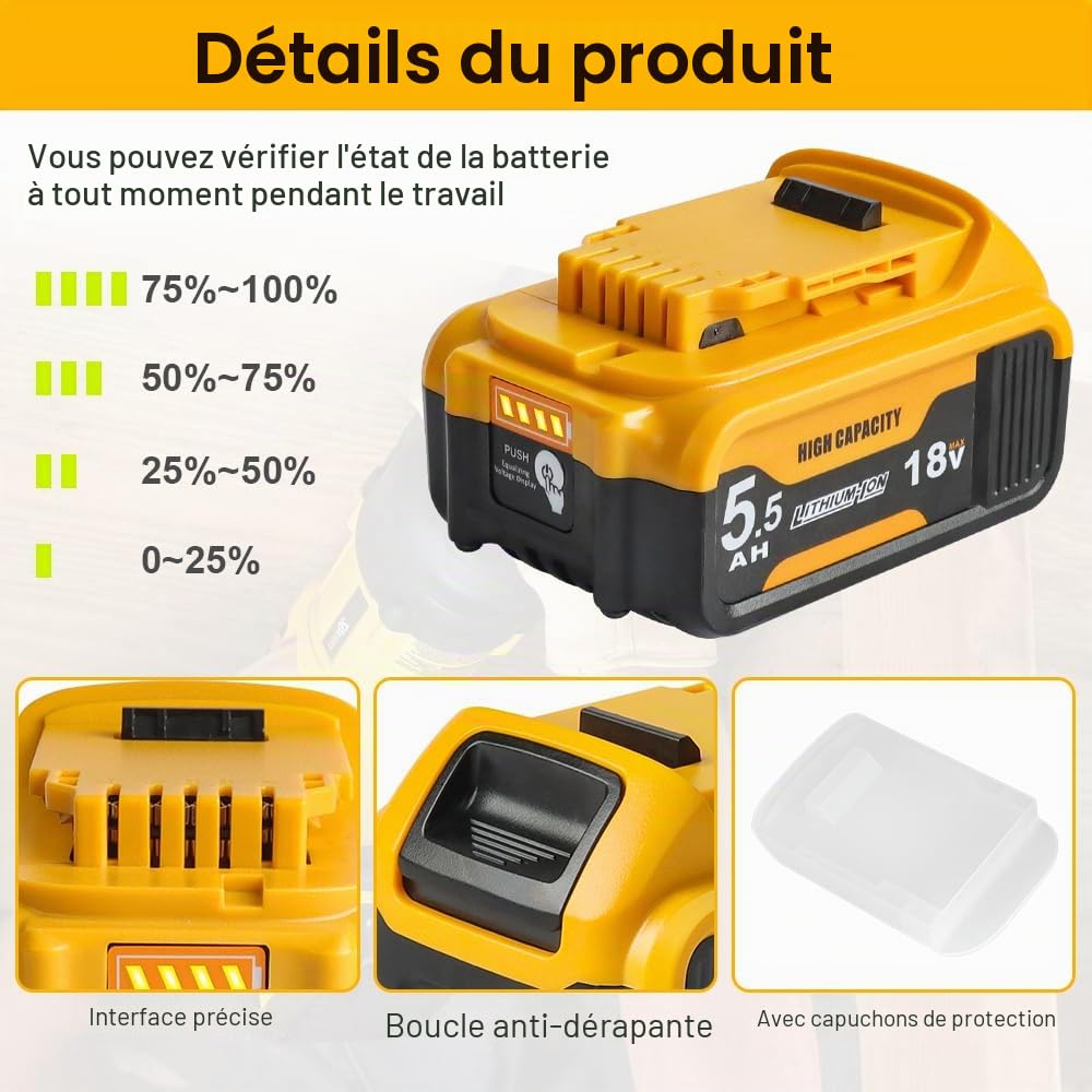 Powarobor Souffleur de feuilles sans fil pour DeWalt,batterie 18V 5,5 Ah incluse - Souffleur électrique portable puissant pour chantiers, entretien de pelouses, soufflage de feuilles et de neige, nett