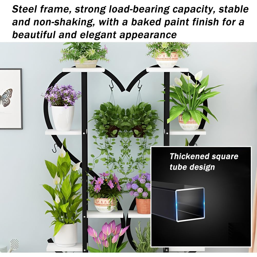 Support d'angle en métal à 5 niveaux avec plusieurs planches en bois et crochets, pour plantes en pot et suspendues, présentoir peu encombrant pour salon, terrasse, balcon, chambre à coucher