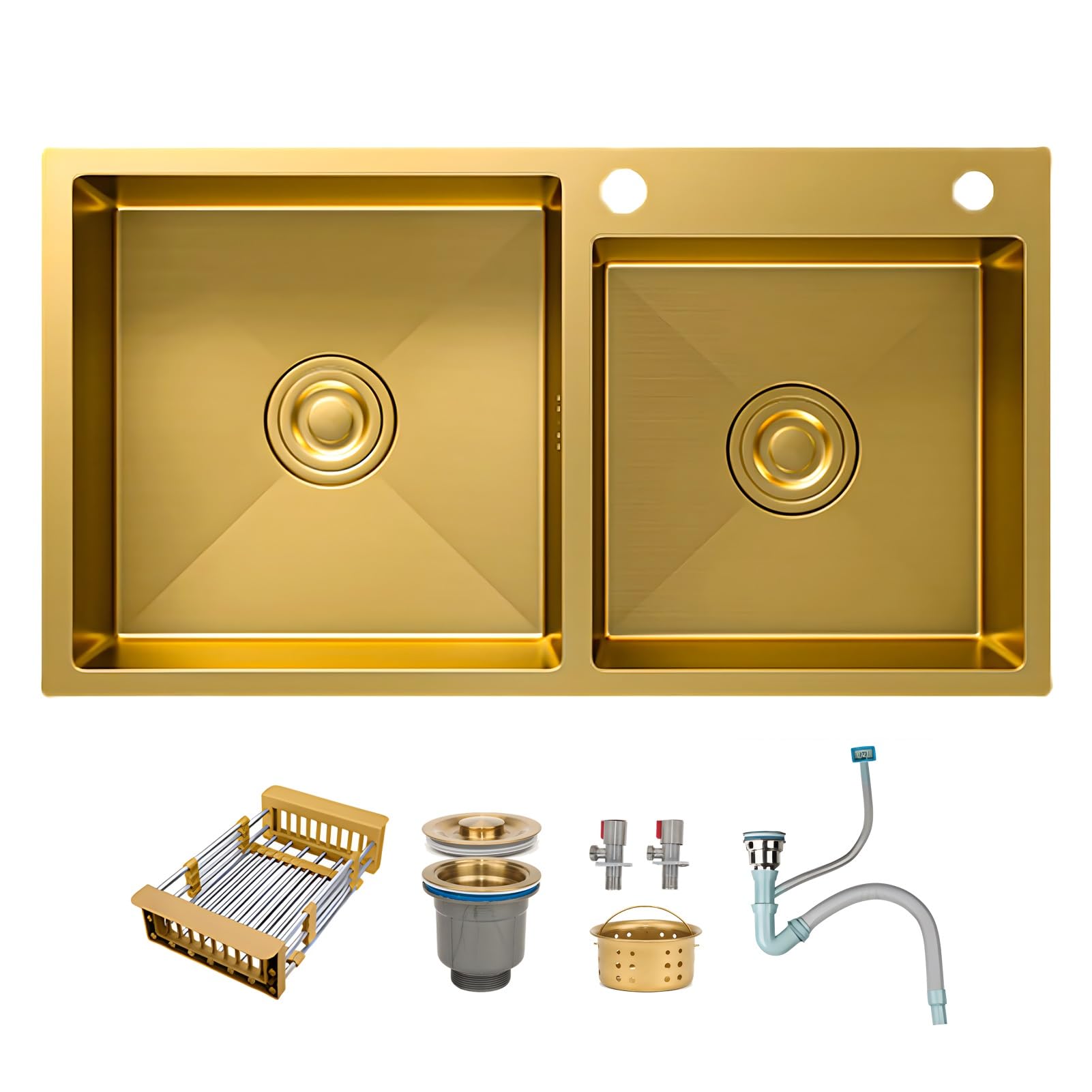 Fregadero de cocina de acero inoxidable cepillado dorado con doble tazón, moderno lavabo de gran capacidad con cesta de drenaje y sistema de drenaje, instalación superior/empotrado/bajo montaje