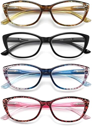 SOPHILY Gafas de lectura con ojo de gato para mujer 4 pares de lentes de gato para mujer bloqueo de luz azul con bisagra de resorte con patrón floral