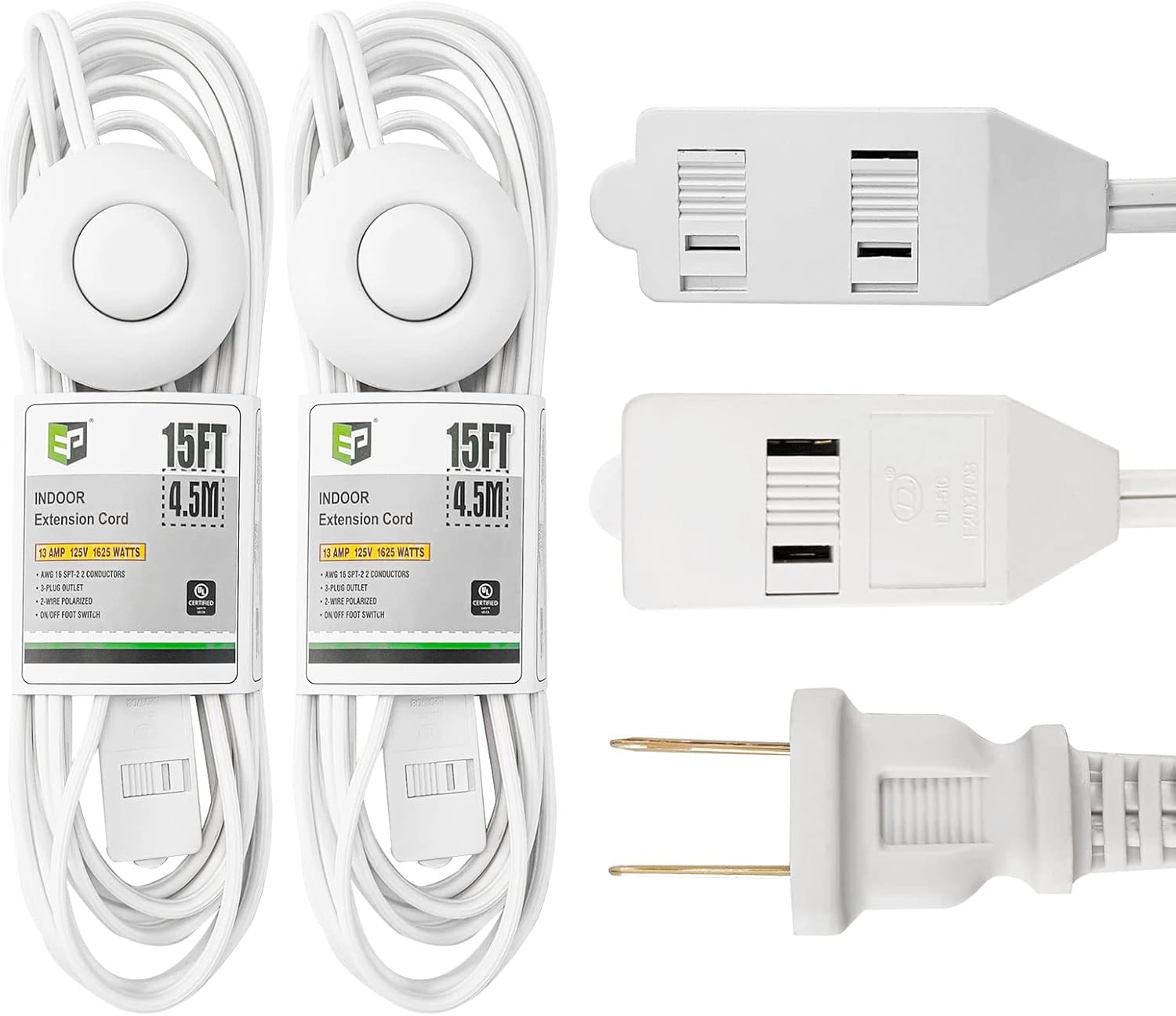 EP 2 Pack 15 ft Extension Cord with Foot Switch, ON/Off Switch Power Cord, 2-Prong 3 Electrical Power Outlets, 16/2C, White