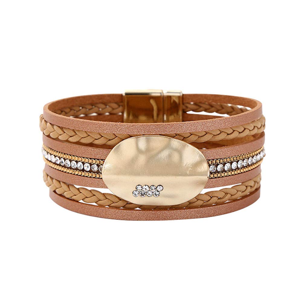 Lederarmband für Frauen, mehrschichtige Retro-Lederarmband Braun Magnet Schnalle Legierung Accessoires Armband Damen Armband Eingelegtes Zirkonarmband Fashion Wildschmuck Personalisierte