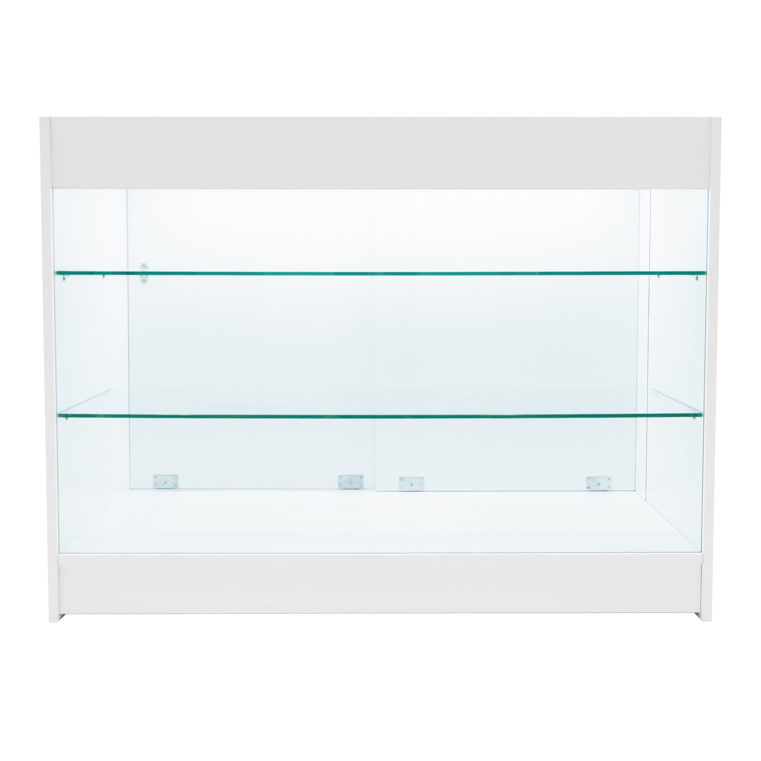 Comptoirs de Vente en MDF Blanc à LED Blancs Ensemble Apollo LM60 K1200 3 Unités de Rangement Étagères Internes Portes Coulissantes Verouillables Réception Bureau Vêtements Bijoux [Clés INCLUS]