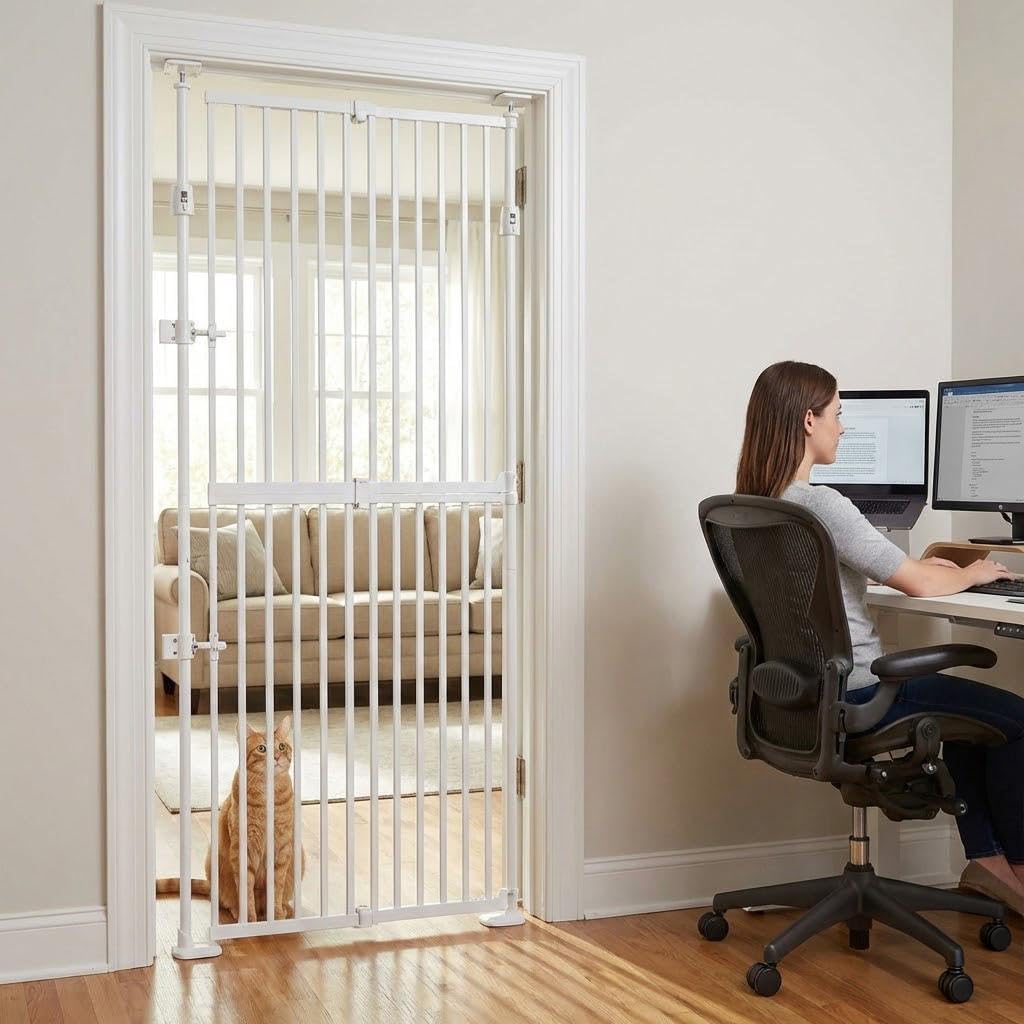 unipaws 75" High Extra Tall Cat Gate, Auto Closing and No Drilling Safety Gate for Doorway Hallway Stairs, Cat Dog Proof, Fit for 21"-34" Wide Opening, Indoor Use, White