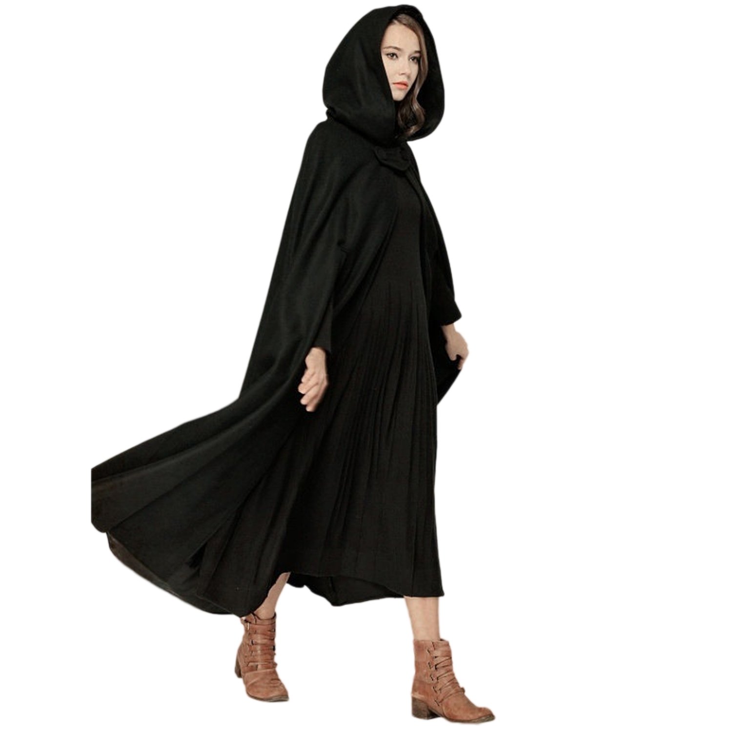JLTPH Winter/Autumn Cloak with Hood Open Front Loose Cape Shawl Poncho Coat Long Cloak Jacket Outwear Black