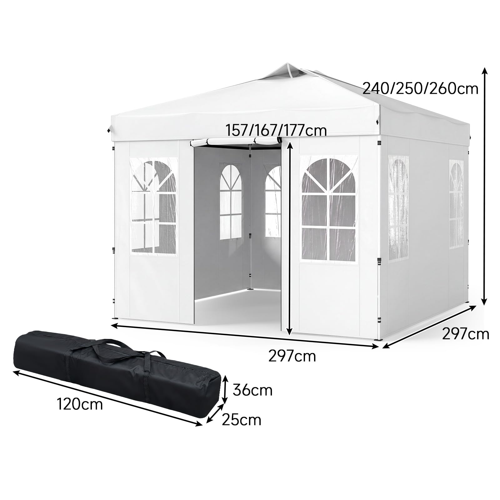 GOPLUS Carpa Plegable 3x3 M (Blanco) | Cenador Impermeable, Laterales Desmontables, 2 Puertas con Cremallera, Incluye Bolsa de Transporte para Jardín, Camping