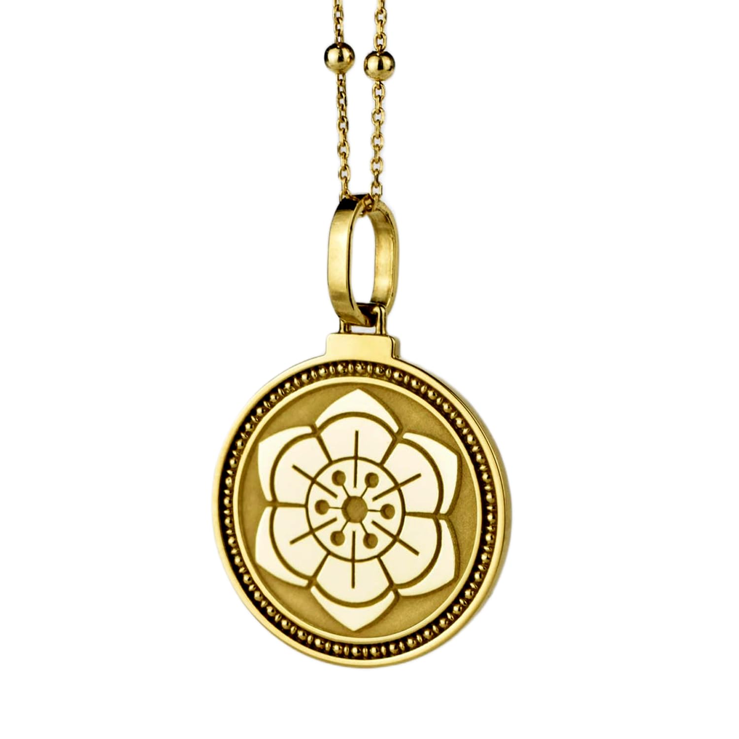 Collar de plata de ley 925 de 24 mm | Cadena de 45 cm | Flor de loto | Colgante de moneda de loto grabada | Amuleto espiritual | Joyería de loto | Meditación | Joyería con baño de oro | L_02072