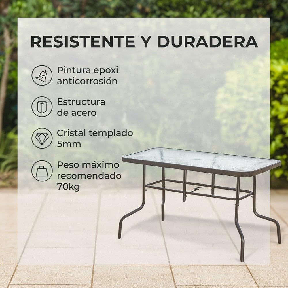MONTY Conjunto Exterior | Mesa 140 cm de Acero y Cristal Templado + 4 Sillas de Textileno Antracita | Resistente: Pintura anticorrosión, Tela Doble | Transpirables, Apliables | Classic
