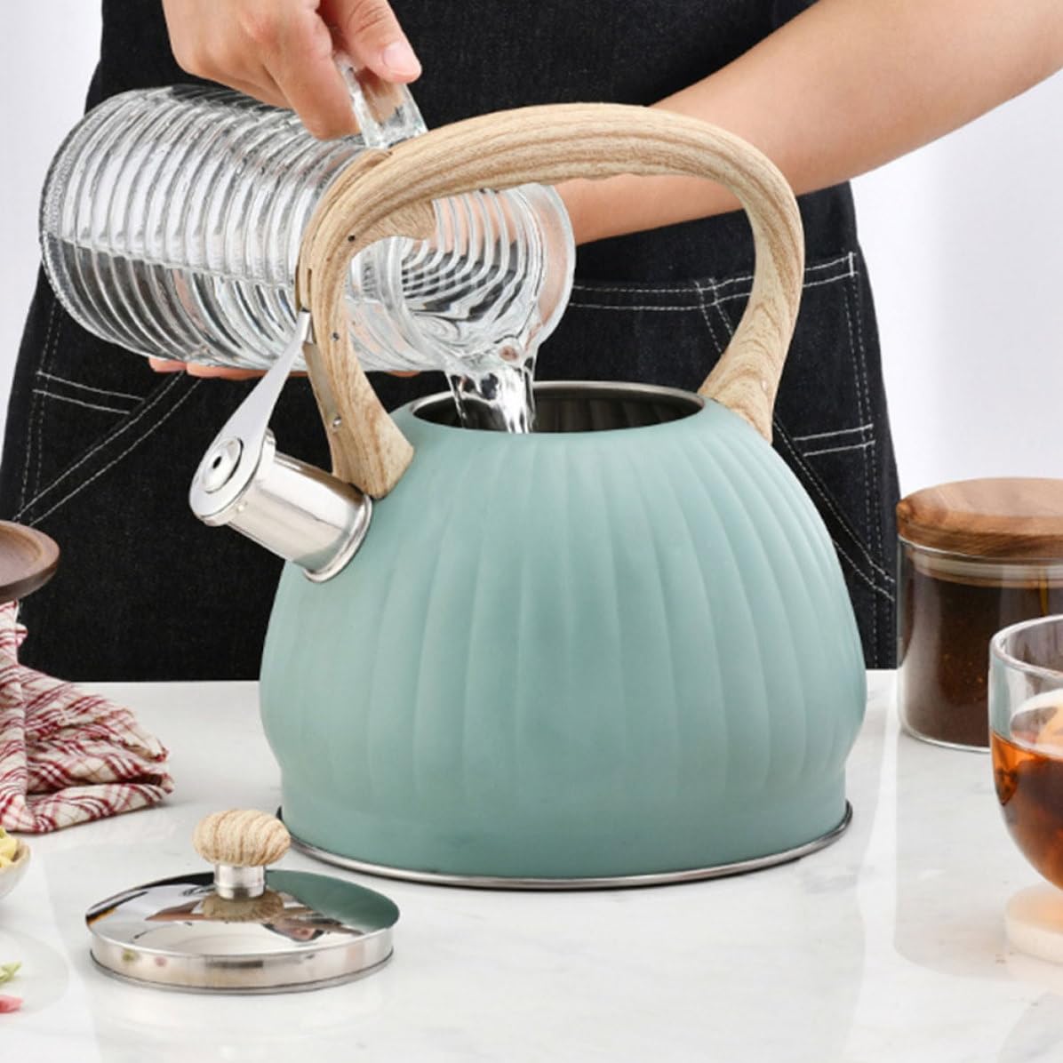 Bollitore per Tè in Acciaio Inox 3,5l Manico Effetto Legno a Forma di Zucca, Fischiante, Facile da Usare e Riempire, per Bevande Calde in Casa