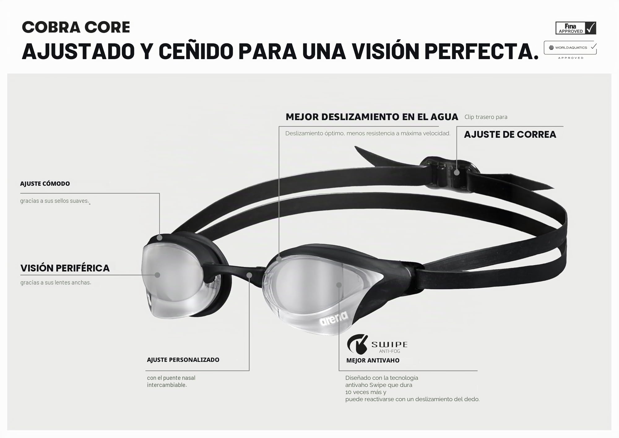 arena Cobra Core Swipe Mirror Gafas de Natación de Competición Unisex para Adultos, Gafas de Natación con Lentes de Espejo Curvadas, Antivaho, Protección UV, 5 Puentes Nasales Intercambiables