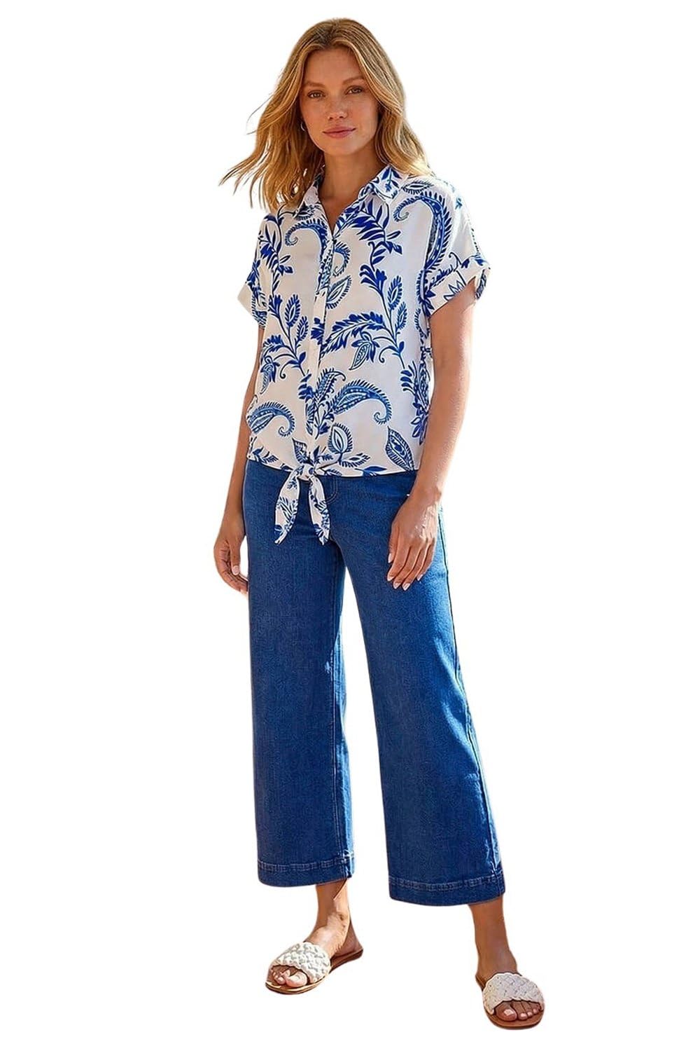 Roman Originals Women's Blue Roman Paisley Leaf Print Tie Front Top For Uk - Spring Everyday Summer Holiday Short Sleeves Soft Button Up Comfy V-Neckline Shirt Vacation Beach Blouses - Size 18