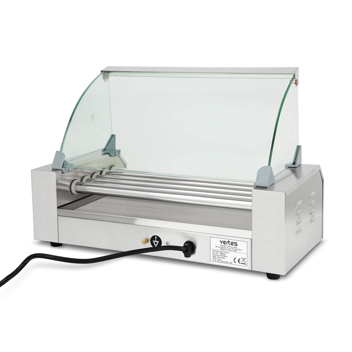 VERTES Gastro Hot Dog Maker acero inoxidable 1000W máquina perritos calientes 5 rodillos 2 zonas calentamiento 50-250°C