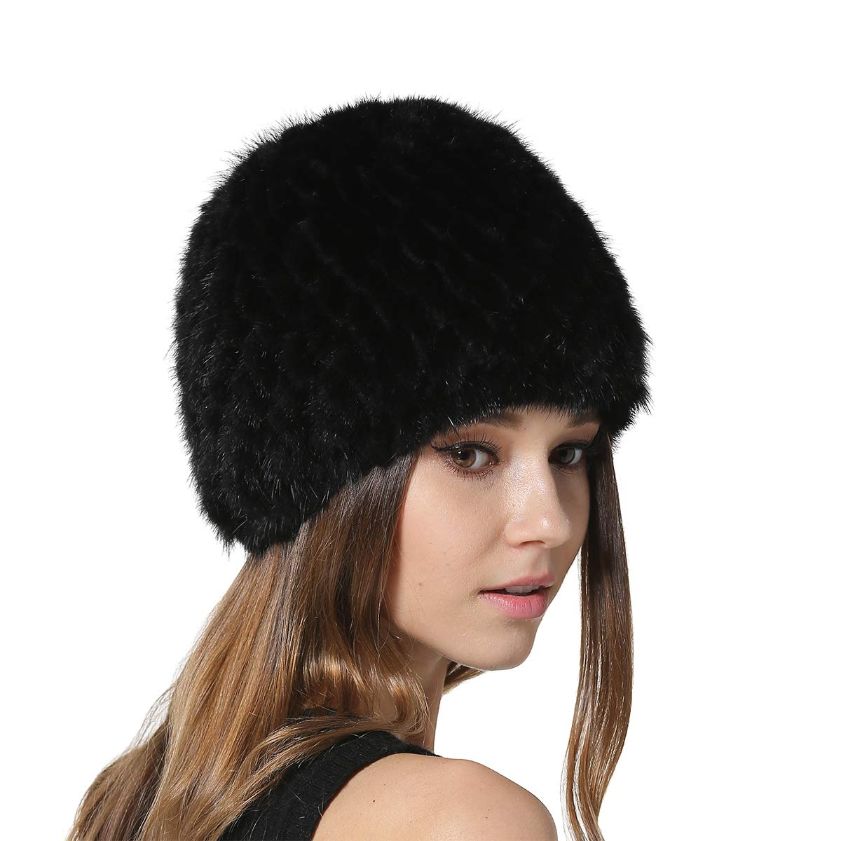 KAISHIN Cappelli di Pelliccia di Visone Invernale per Donna Cappelli di Vera Pelliccia a Maglia con Fodera a Maglia