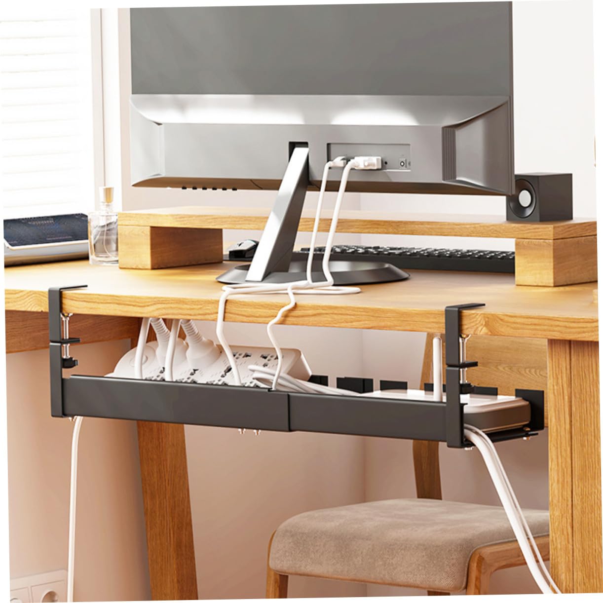 Organizador de Cables Debajo del Escritorio para Oficina y Hogar Bandeja de Gestión de Cables en Acero al Carbono Negro Adecuado para Ordenar y Recoger