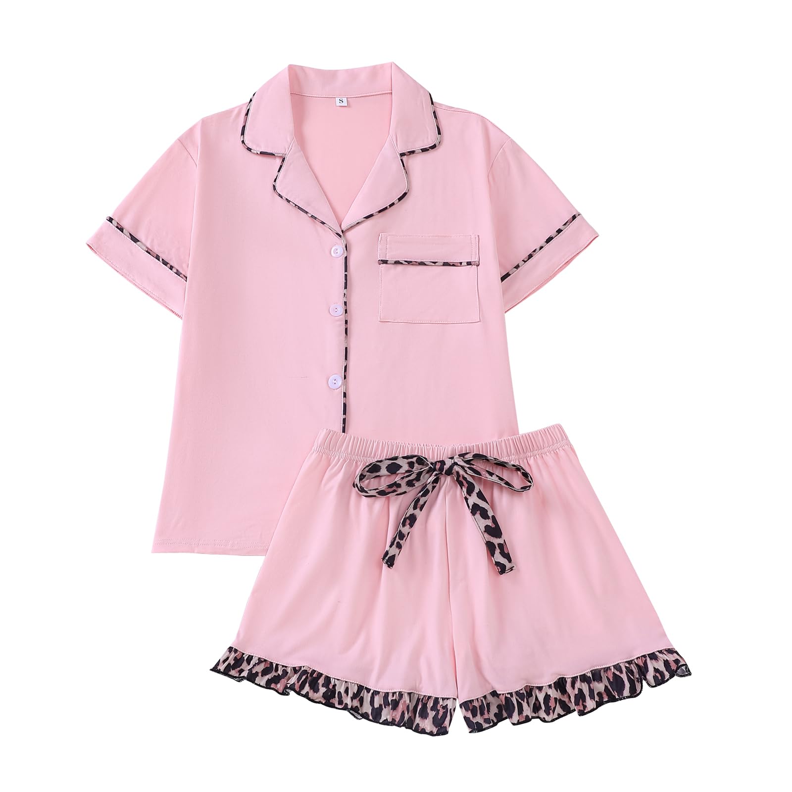 RONGTAI Damen Pyjama Set mit Leopardenmuster Button-Down-Kragen 2-teilig Sommer-Pyjama Shorts-Set Nachtwäsche Loungewear S-XL