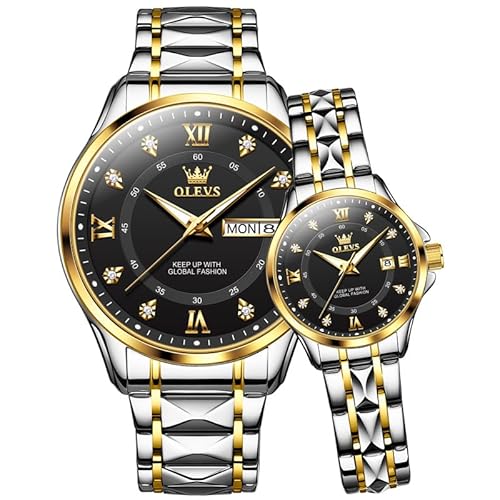 OLEVS His and Her Watch for Couples Gift Set Dress Luxury Watches Men and Women Wristwatch Waterproof Matching Watch Two Tone Stainless Steel Watches Black
