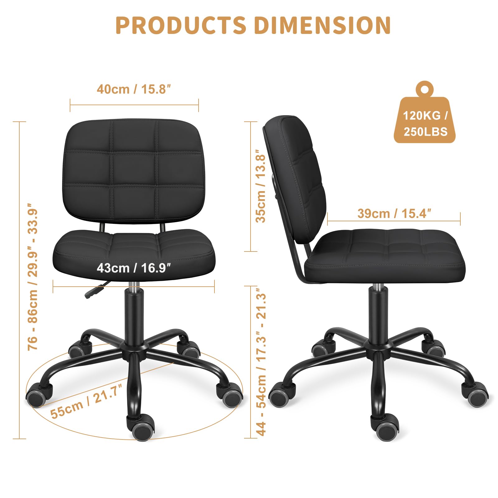 Leader Accessories Schreibtischstuhl höhenverstellbarer Bürostuhl ergonomischer Drehstuhl ohne Armlehnen Home Office Stuhl mit mittleren Rückenlehne Bürodrehstuhl Belastbarkeit bis 120KG Schwarz
