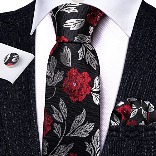 Image of Barry.Wang Flower Ties for Men Handkerchief Cufflinks Set Wedding Necktie Set Party