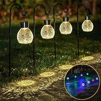 EKQ 4 Pack Hanging Solar Lights Set with Shepherd Hooks, Outdoor Color Changing Solar Powered Waterproof Landscape Lanterns with Crackle Glass Ball Design Pathway Decoration