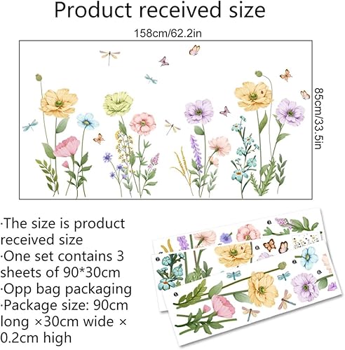 Miniatura 2 de Calcomanías de pared de flores silvestres de campo, flores de primavera, mariposa, calcomanías de pared removibles para dormitorio de niñas, sala de