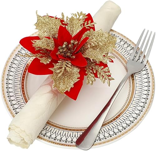 Juego de 6 servilleteros de Pascua de Navidad con flores de Pascua rojas y doradas, servilleteros de Navidad, mesa de comedor para decoración de