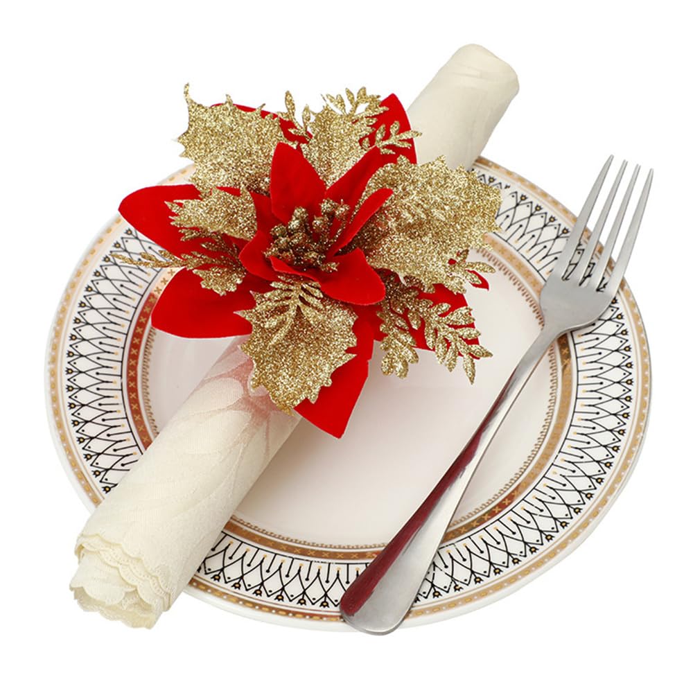 Christmas Artificial Poinsettia Napkin Rings Set of 6 Flower Napkin Ring Holders for Wedding Party Holiday Banquet Christmas Dinner Delicate Serviette Buckles Decor Favor (C)