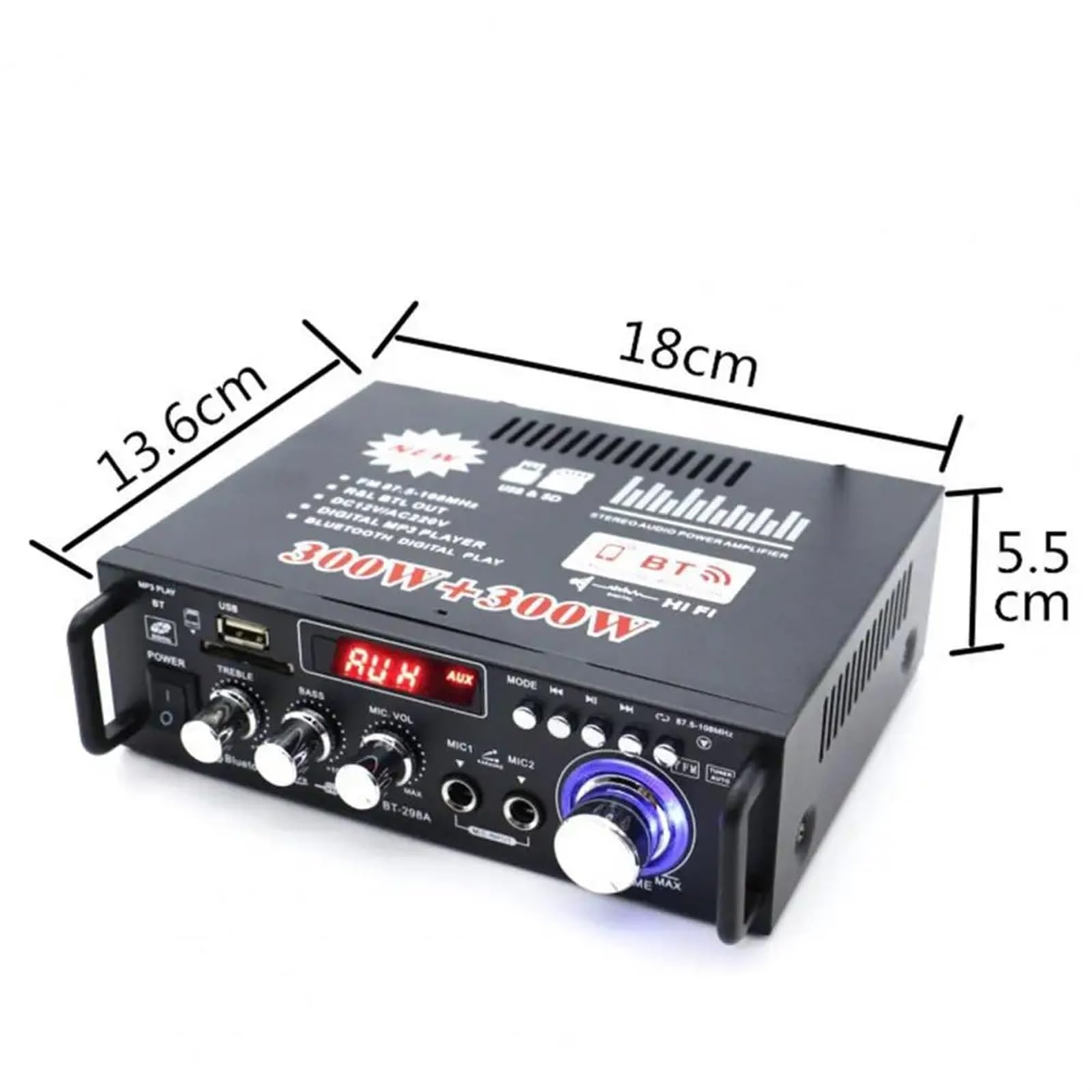 Amplificador de Audio Estéreo BT-298A, 2 Canales, 600W, HiFi, 5.0, 12V/220V, Control Remoto, Pantalla LCD, Compatible con iPads, Teléfonos Inteligentes, Tabletas