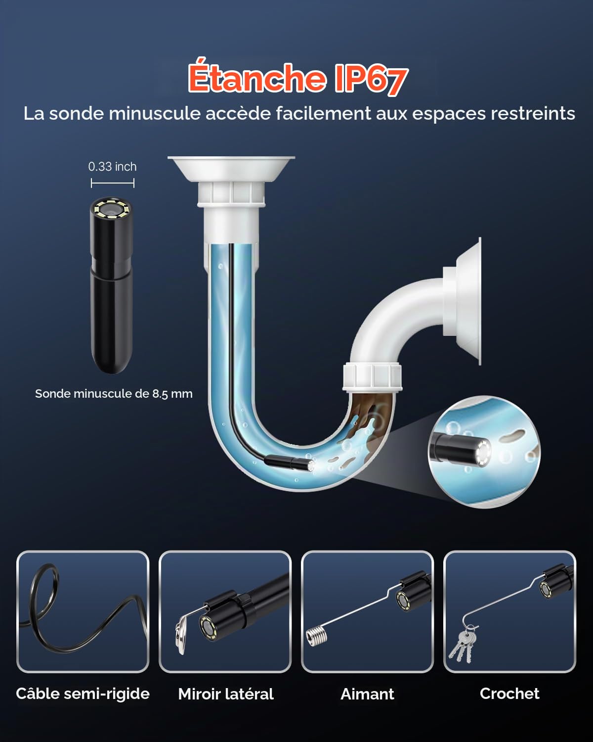 VEVOR Caméra Endoscopique avec Câble Semi-rigide 15 m, Endoscope HD 1920p pour Android et iOS, avec 8 Lumières LED Réglables, Zoom, Étanche IP67, Caméra Serpent d'Inspection pour Automobile, Plomberie