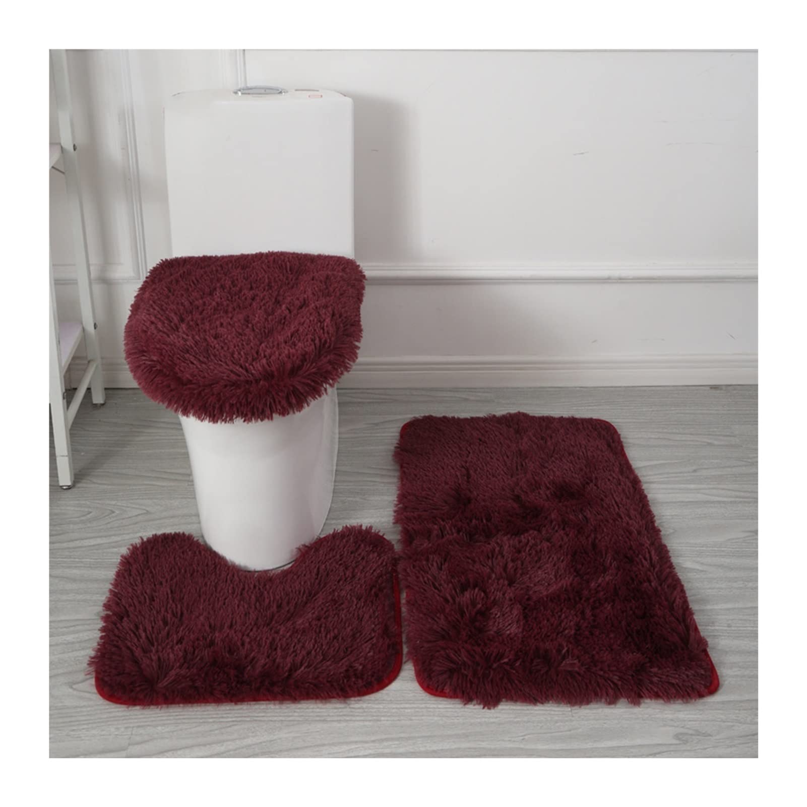 3 Piece Toilet Seat Cover Set,thicker Toilet Seat Cover Pad With Bath Mat + Pedestal Mat + Toilet Seat Cover，toilet Lid Covers Washable，bathroom Toilet Seat Pads For Winter ( Color : 3pcs Claret )