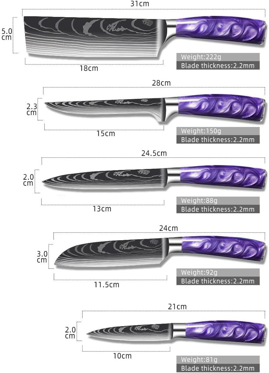 DAXXIN Kitchen Knife Sets, 10PCS Chef Knife Set Purple Resin Handle Stainless Steel Damascus Pattern Kitchen Non-Stick Santoku Cleaver Boning Knivse, ZJH6868