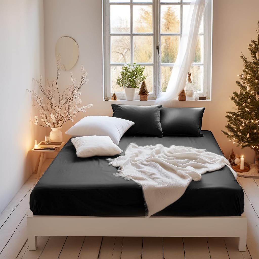 MOHAP Warm Double Size Fitted Sheet Black with Extra Deep 30 cm Pocket Bed Sheet Only Bedsheet Brushed Microfiber Bottom Sheet for Double Bed 135x190 Black