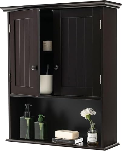 Armario de almacenamiento de baño montado en la pared, ahorro de espacio de madera sobre el inodoro con 2 puertas y estante ajustable, botiquines