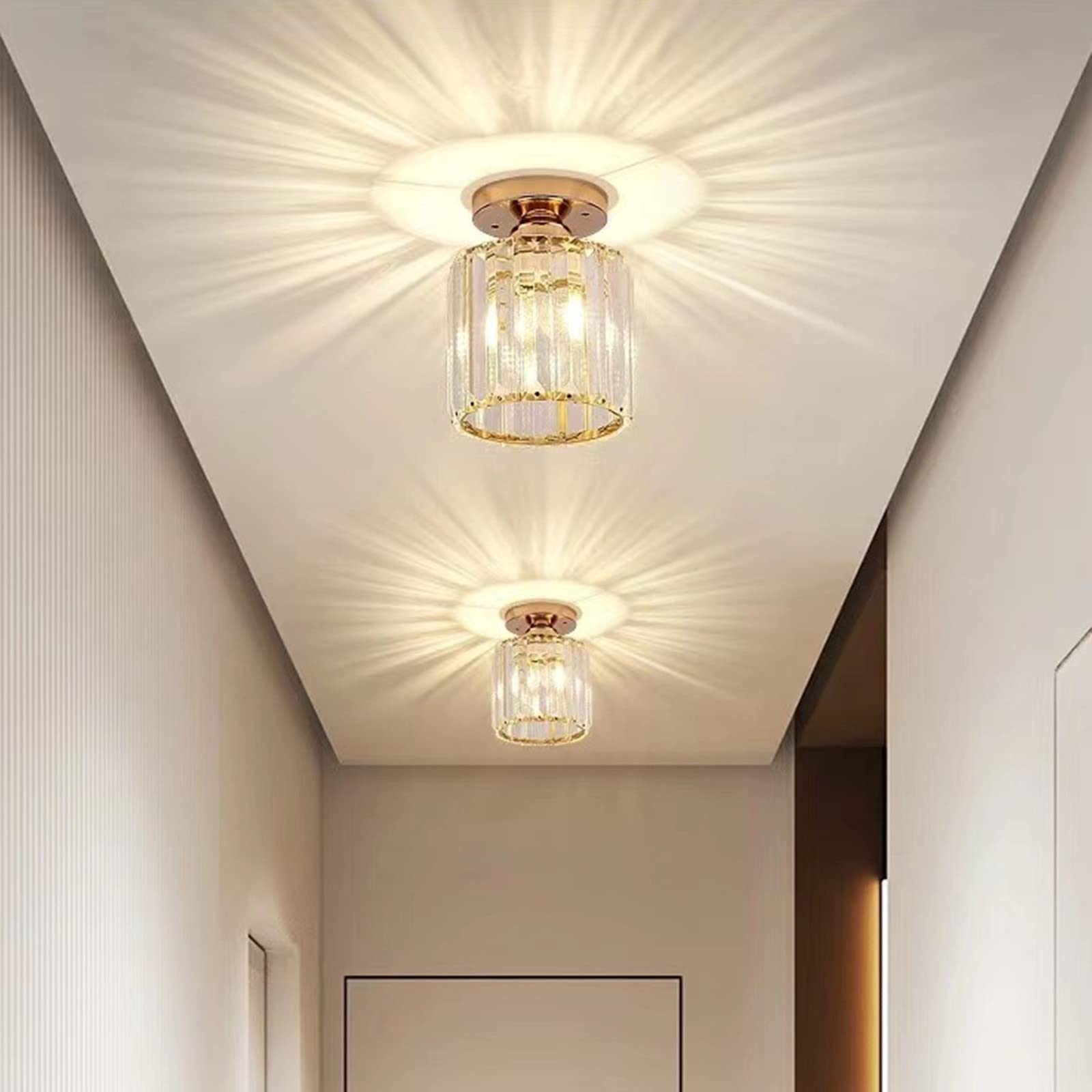 ALLOMN Plafonnier en Cristal Doré Semi-encastré, Lustre à LED Moderne pour Cuisine, Salle à Manger, Couloir, Salle de Bain, Balcon, Porche, Entrée