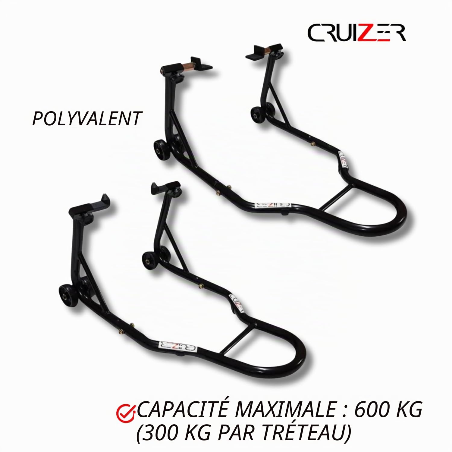 CRUIZER Béquille moto avant avec fixations à cônes + Béquille arrière à plaques réglables avec roues sous-jacentes barres renforts latéraux Charge maximale 600 kg