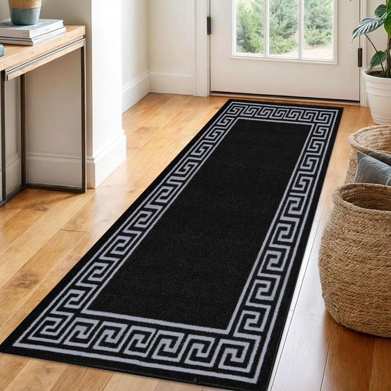 Trendy Realm Athena Runner Rug – Large Non-Slip Washable Carpet for Living Room, Bedroom, Hallway, Lounge, Dining, Kitchen, Modern Indoor Long Floor Runners (Black & Grey, 80x150 cm)